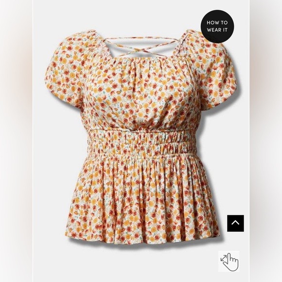 TORRID Womens Yellow Floral Crinkle Cris Cross Back Top, Boho Corset Back Blouse - Picture 4 of 6